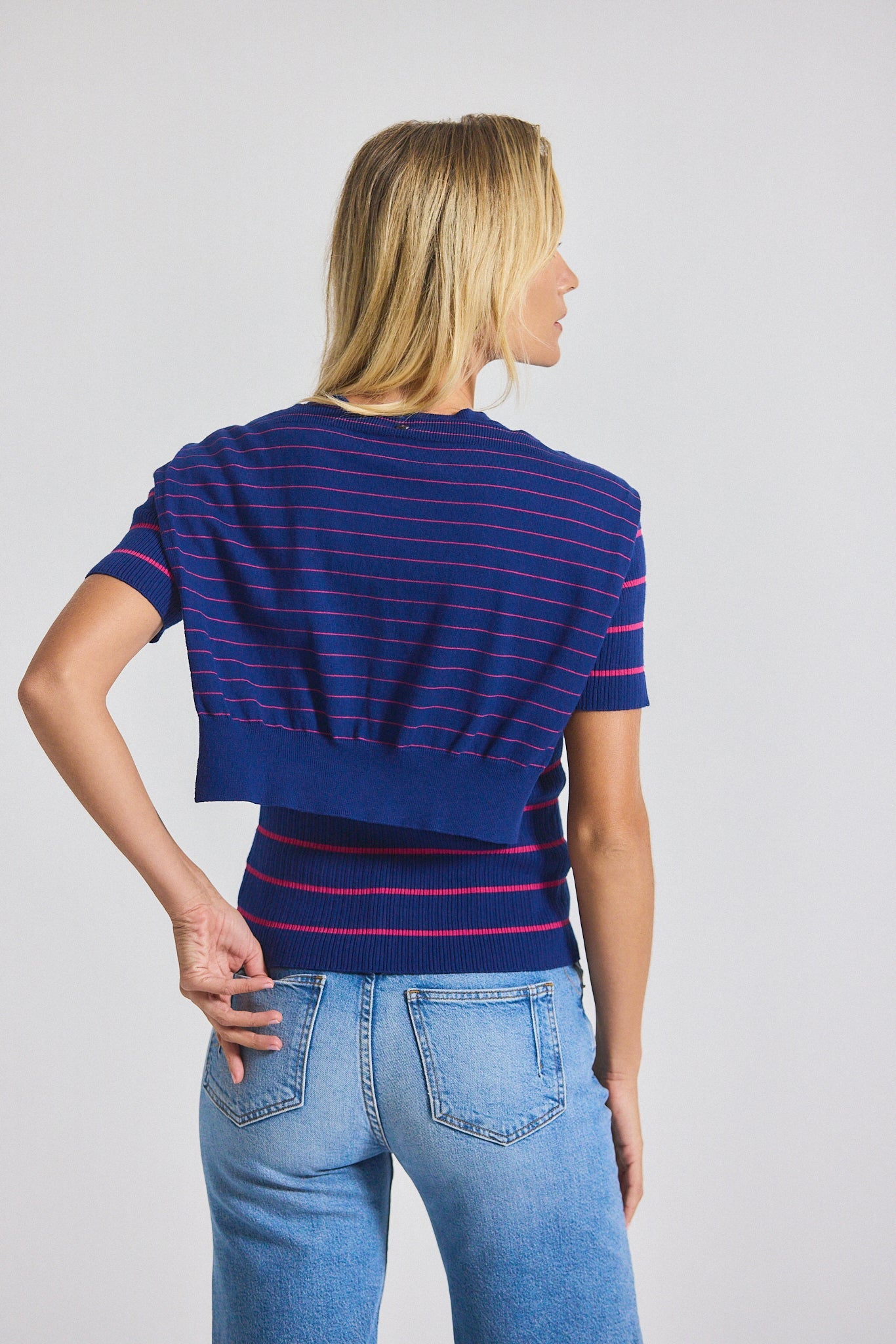 Twain Cotton Cashmere Short Sleeve Pre-Styled Sweater - Navy-Raspberry