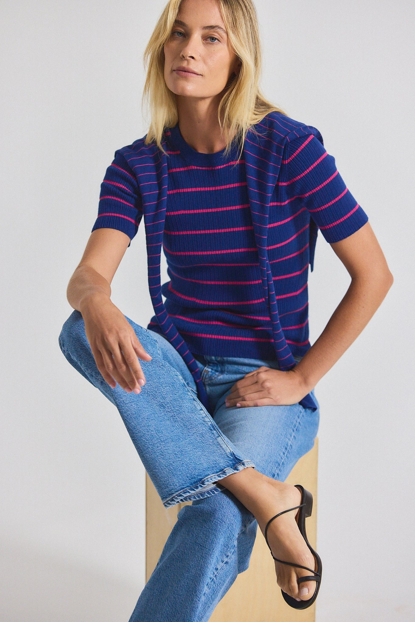 Twain Cotton Cashmere Short Sleeve Pre-Styled Sweater - Navy-Raspberry