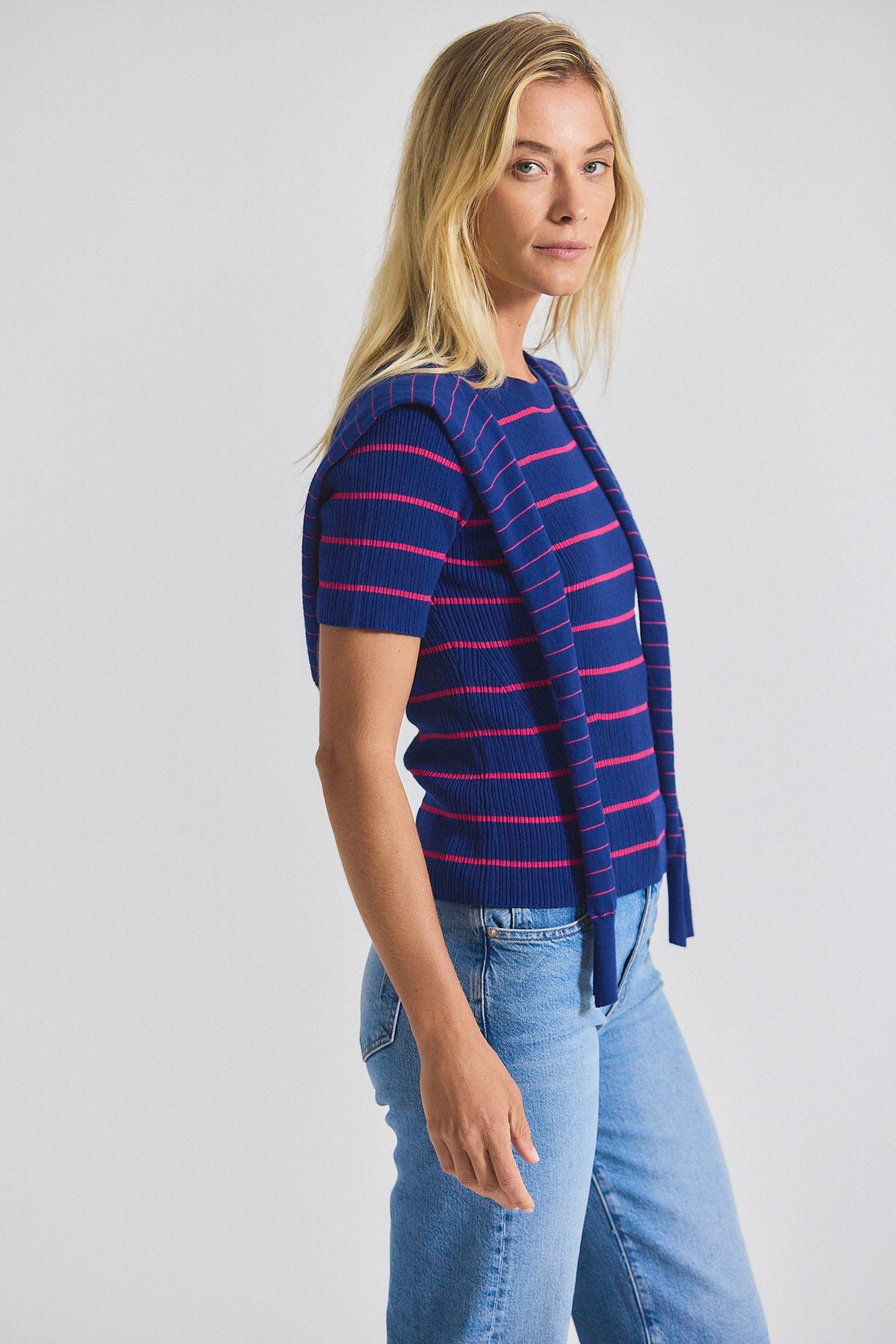 Twain Cotton Cashmere Short Sleeve Pre-Styled Sweater - Navy-Raspberry